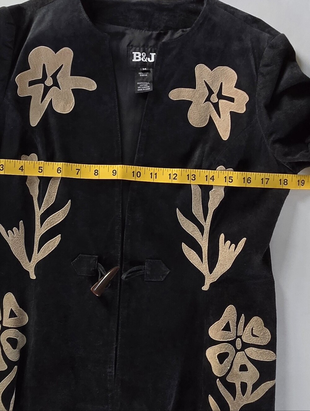 B&J Black Suede Floral Applique Jacket Autumn Outerwear Collarless Leather Coat - Picture 2 of 11